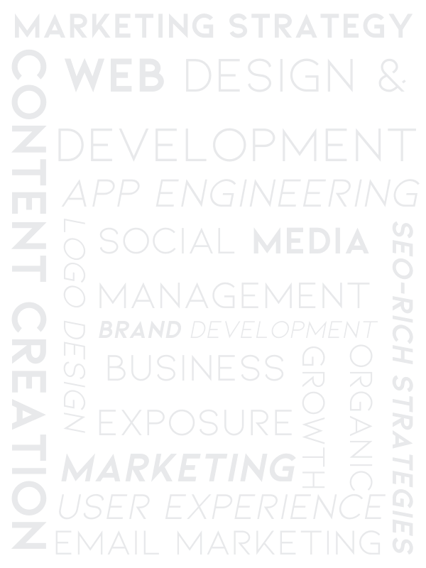 A word collage related to marketing, branding, design, SEO content, and more representing the Obsidian Atlas services.