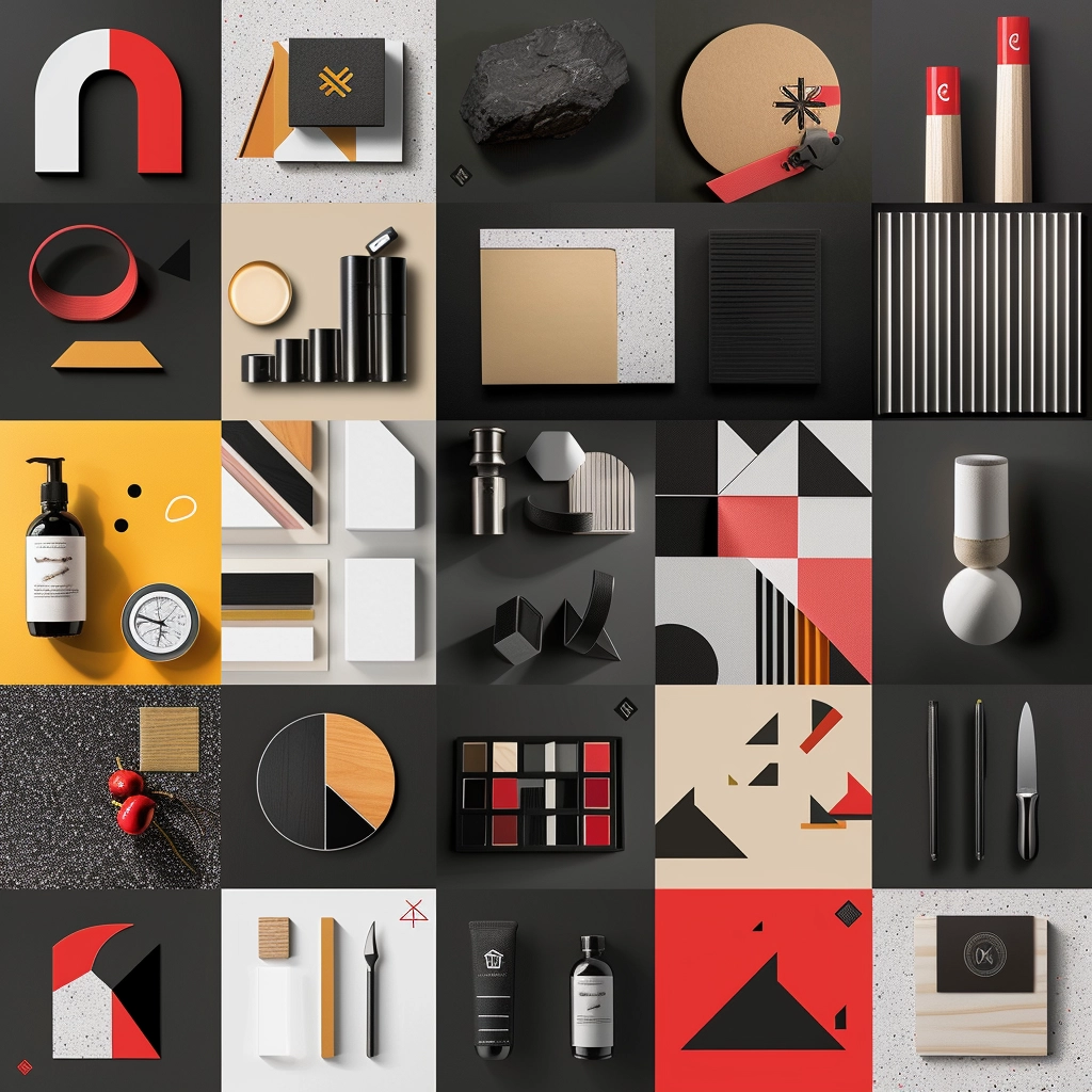 A collage showcasing different elements of a brand identity.