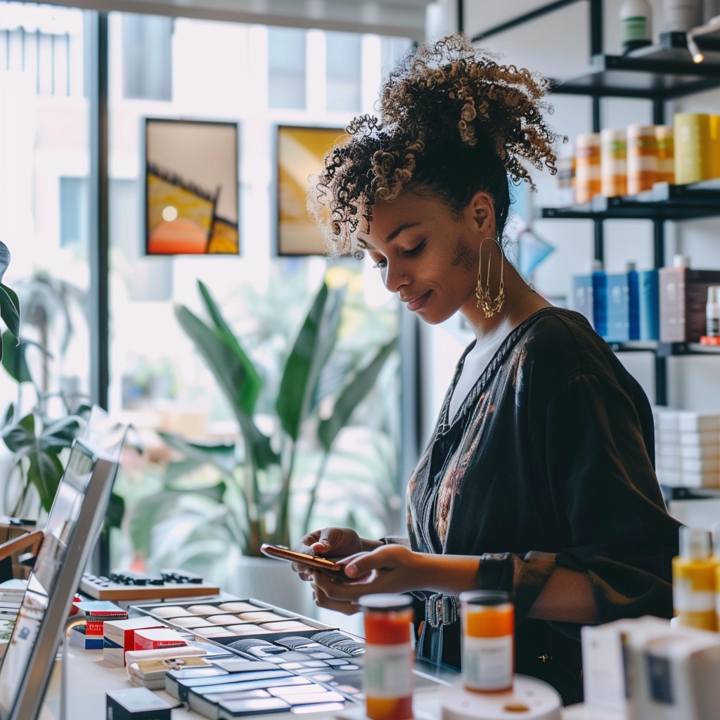 A customer interacting with branded products, showcasing a connection and engagement with the brand.